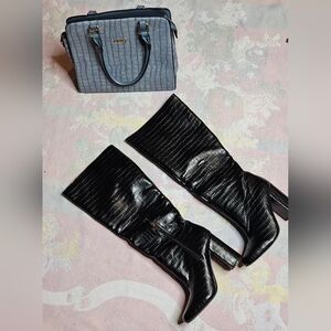 Liliana "Ari" Black Croc-Embossed Knee-High Boots - Size 8.5 Heel 4"